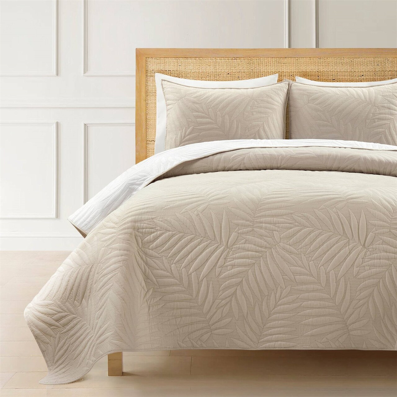 White-Beige Cotton Reversible Quilt Set with Embroidered Fern Leaf Design
